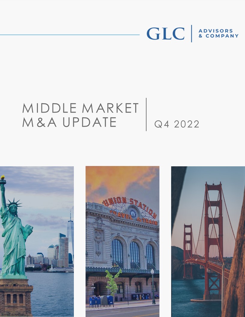 This image is showing an update on the Middle Market Mergers and Acquisitions (M&A) activity for the fourth quarter of 2022 at GLC Advisors & Company, located at Ave Union Station. Full Text: GLC| ADVISORS & COMPANY - MIDDLE MARKET M&A UPDATE Q4 2022 AVE UNION STATION